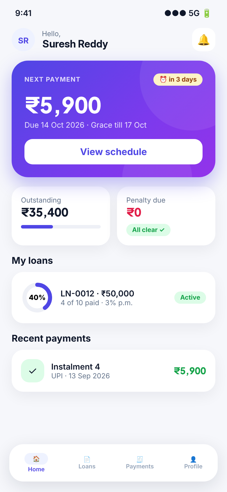 LendKhata Borrower app home screen